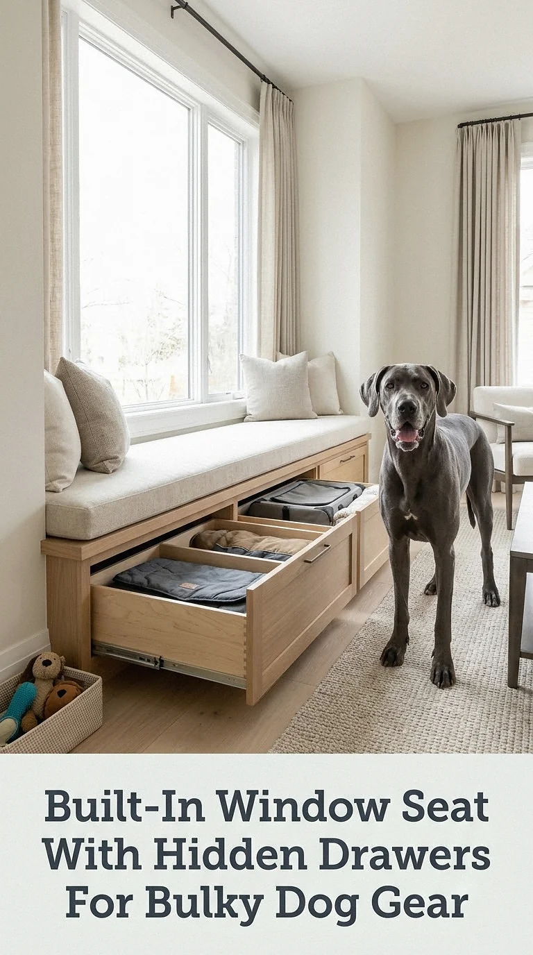 Built-In Window Seat With Hidden Drawers For Bulky Dog Gear