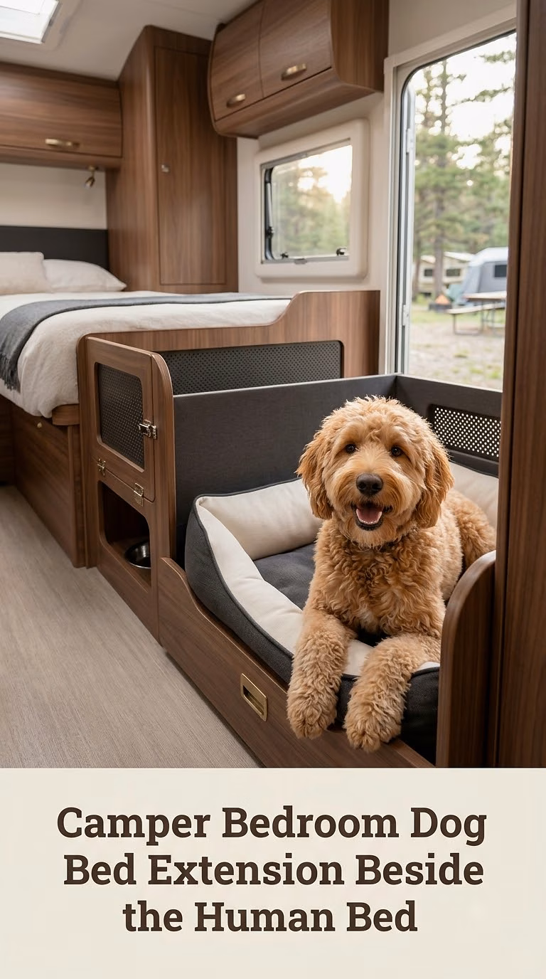 Camper Bedroom Dog Bed Extension Beside the Human Bed
