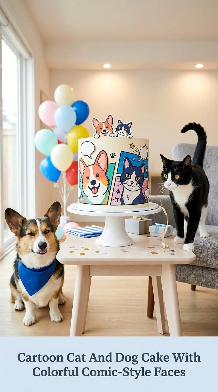 Cartoon Cat And Dog Cake With Colorful Comic-Style Faces