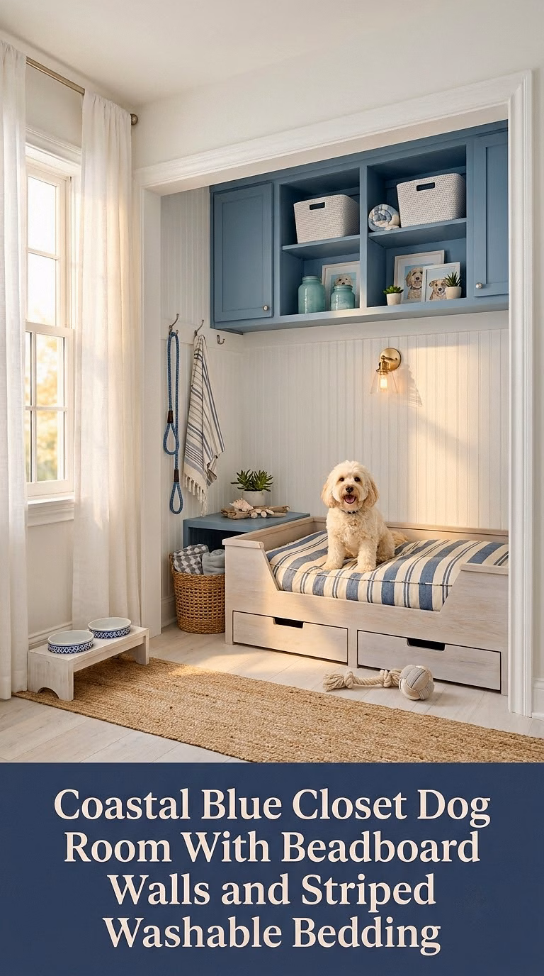 12. Coastal Blue Closet Dog Room With Beadboard Walls and Striped Washable Bedding
