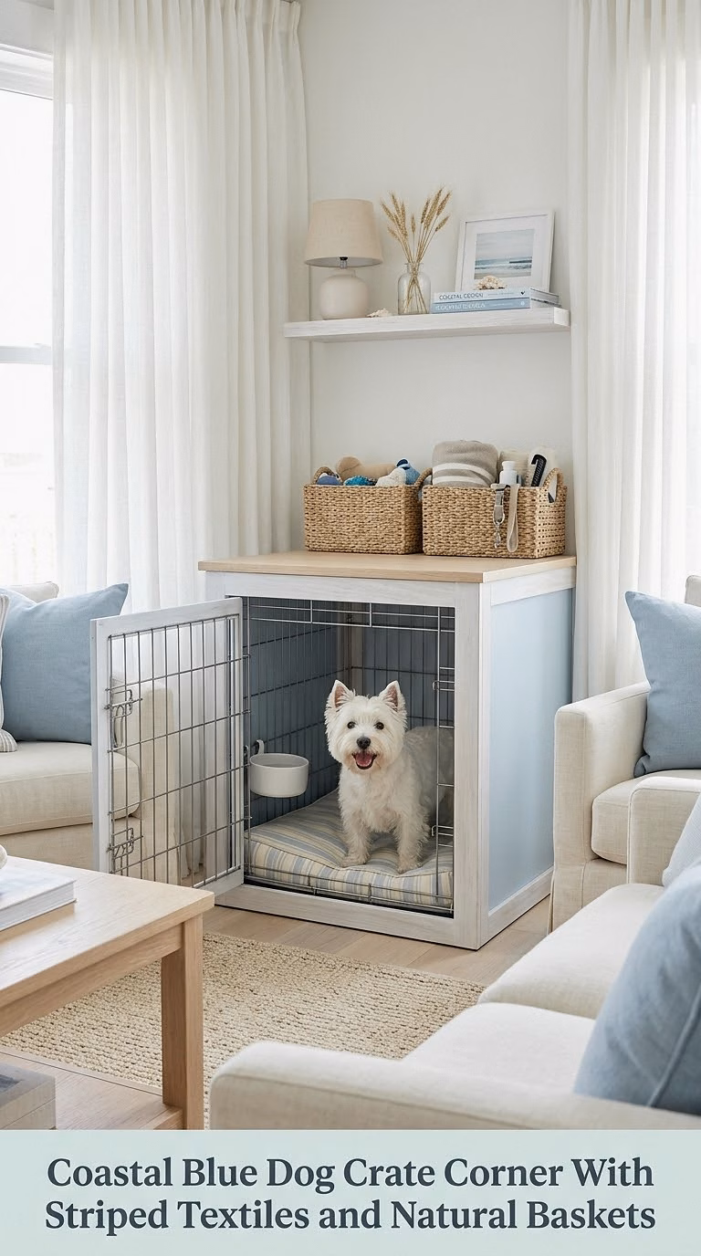 Coastal Blue Dog Crate Corner With Striped Textiles and Natural Baskets