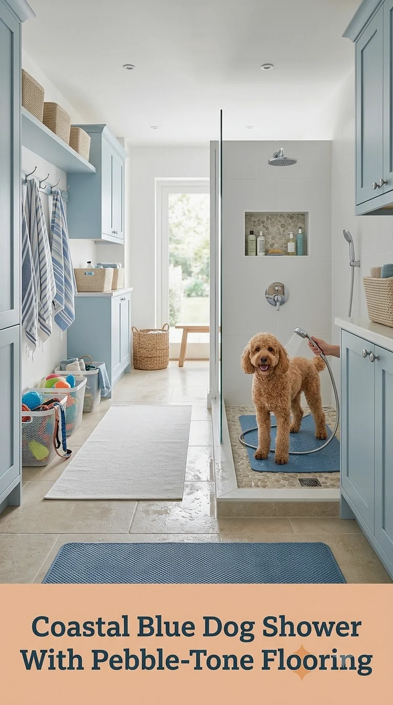 Coastal Blue Dog Shower With Pebble-Tone Flooring