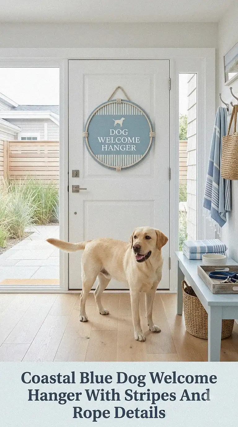 Coastal Blue Dog Welcome Hanger With Stripes And Rope Details