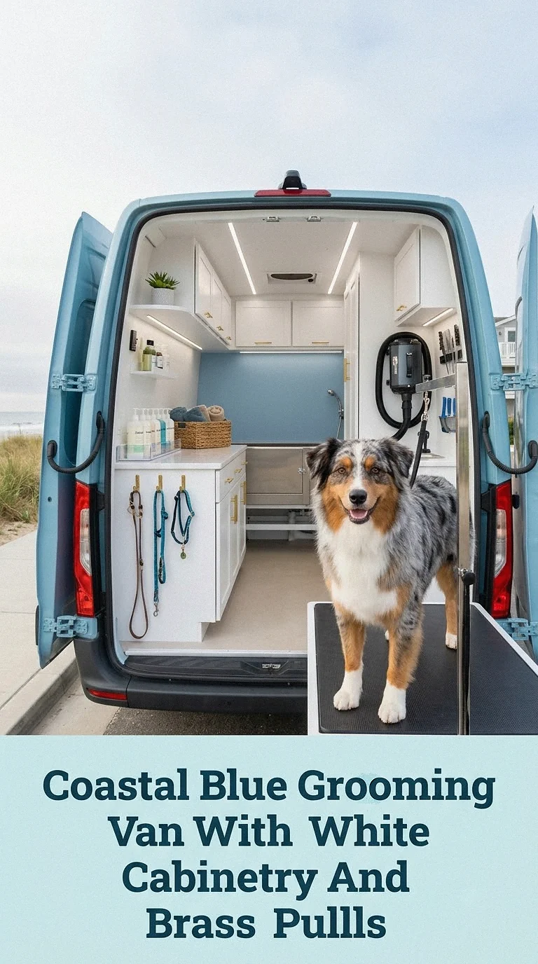 Coastal Blue Grooming Van With White Cabinetry And Brass Pulls