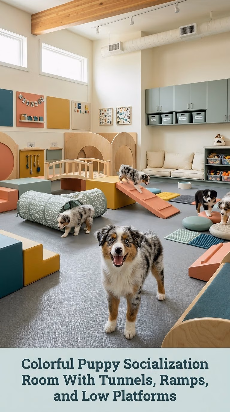 Colorful Puppy Socialization Room With Tunnels, Ramps, and Low Platforms