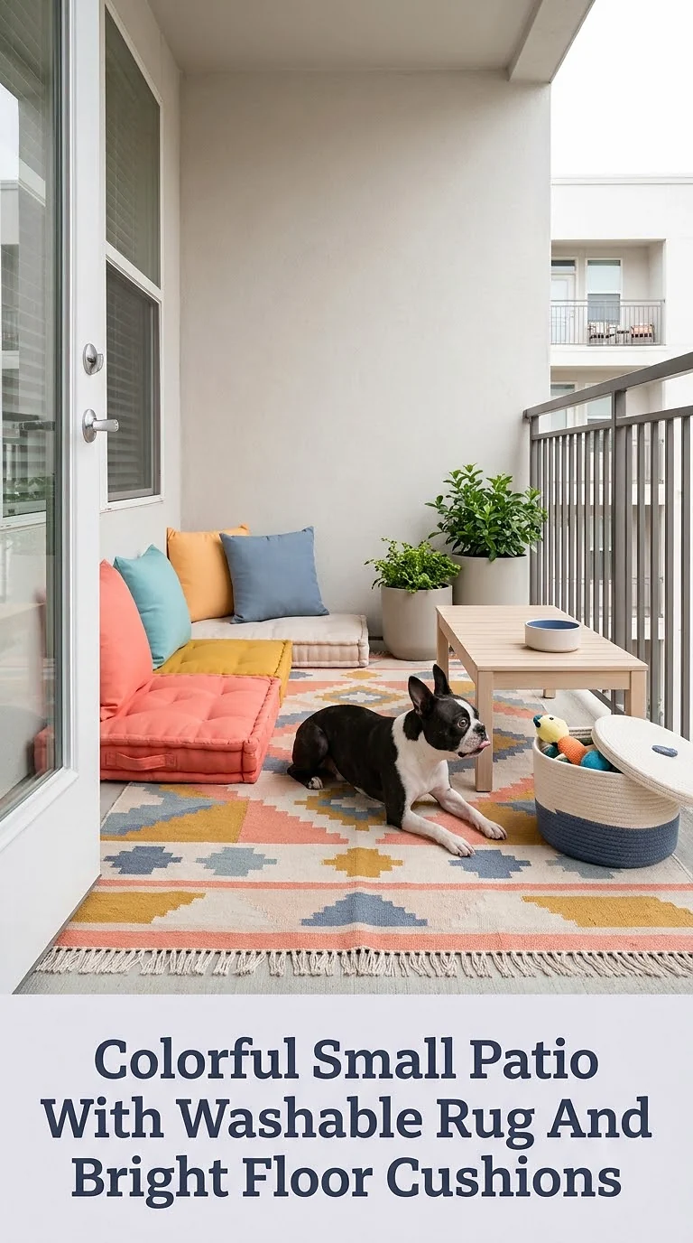 Colorful Small Patio With Washable Rug And Bright Floor Cushions