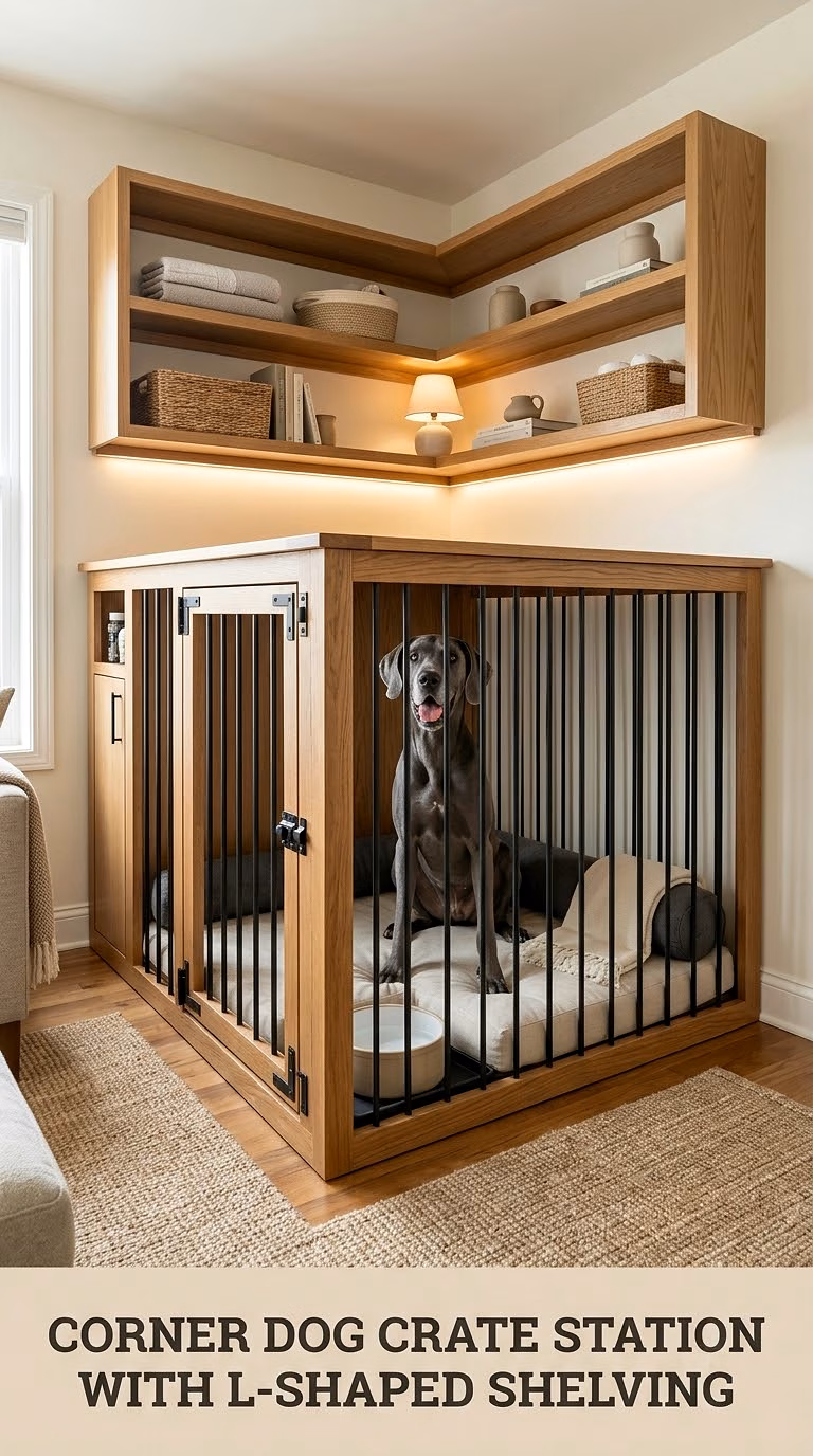 Corner Dog Crate Station With L-Shaped Shelving