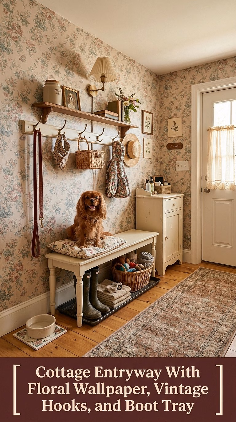 12. Cottage Entryway With Floral Wallpaper, Vintage Hooks, and Boot Tray