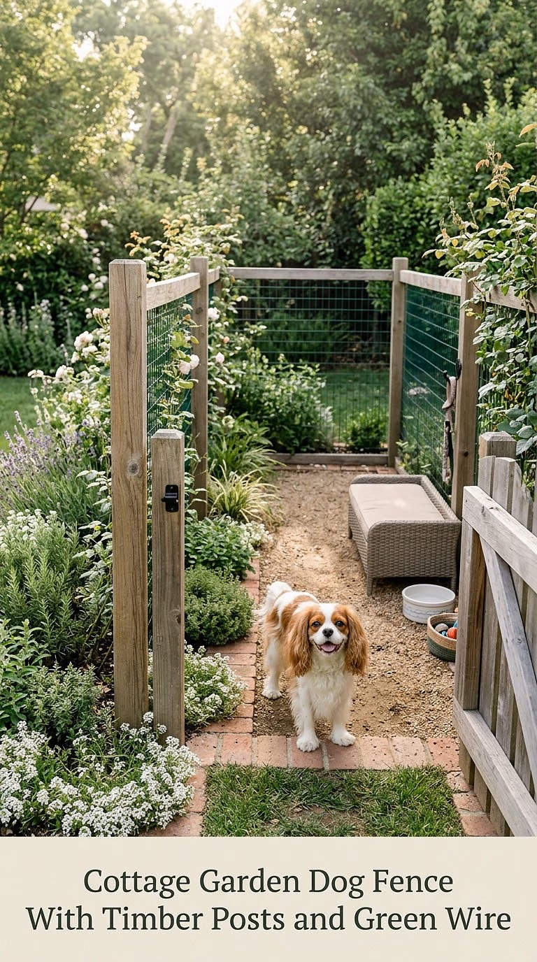 Cottage Garden Dog Fence With Timber Posts and Green Wire