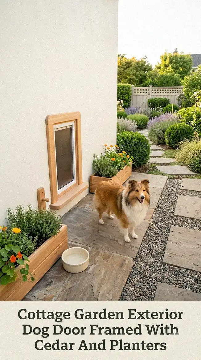 Cottage Garden Exterior Dog Door Framed With Cedar And Planters