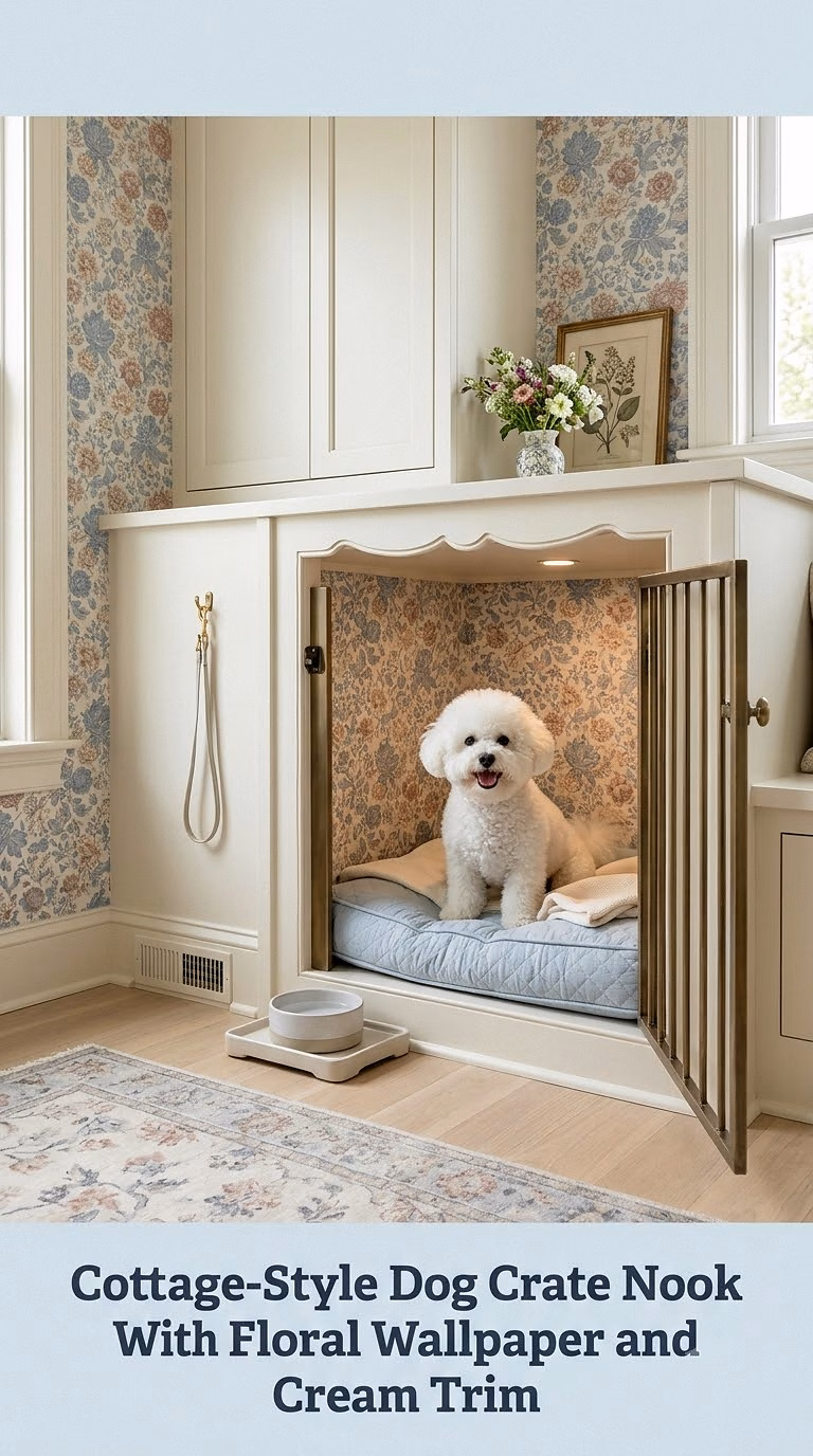 Cottage-Style Dog Crate Nook With Floral Wallpaper and Cream Trim