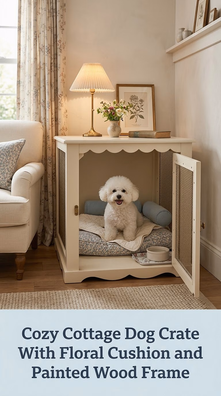 Cozy Cottage Dog Crate With Floral Cushion and Painted Wood Frame