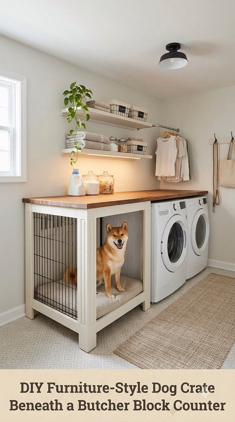 DIY Furniture-Style Dog Crate Beneath a Butcher Block Counter