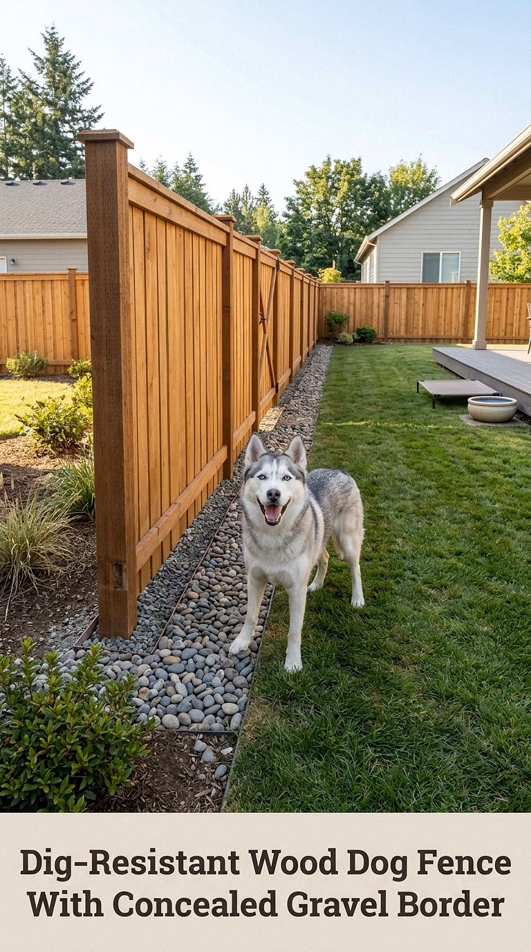 Dig-Resistant Wood Dog Fence With Concealed Gravel Border
