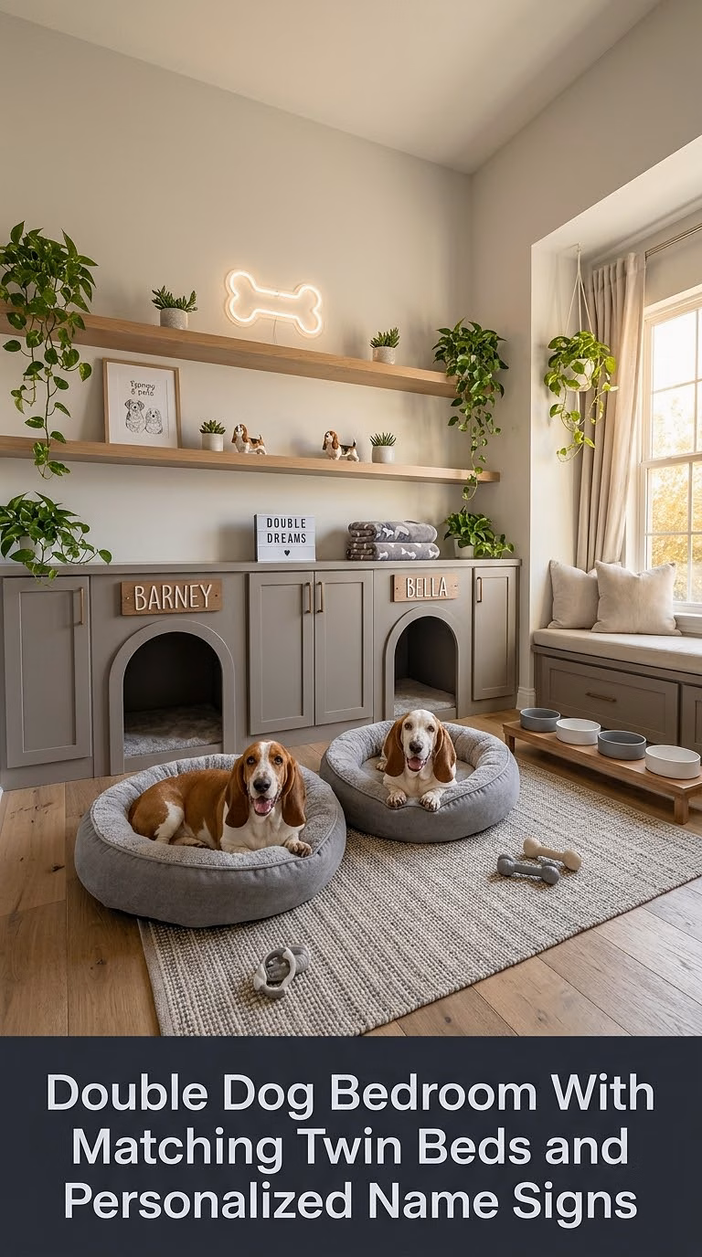 12. Double Dog Bedroom With Matching Twin Beds and Personalized Name Signs