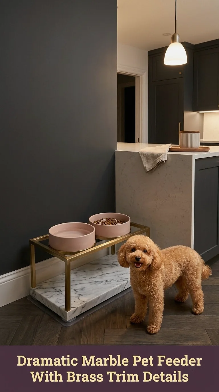 Dramatic Marble Pet Feeder With Brass Trim Details