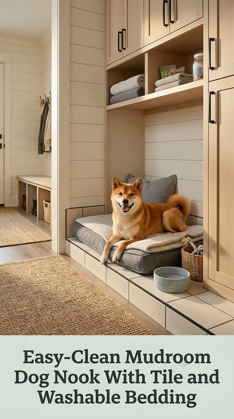 Easy-Clean Mudroom Dog Nook With Tile and Washable Bedding