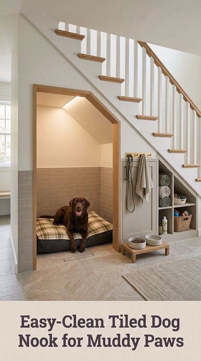 12. Easy-Clean Tiled Dog Nook for Muddy Paws
