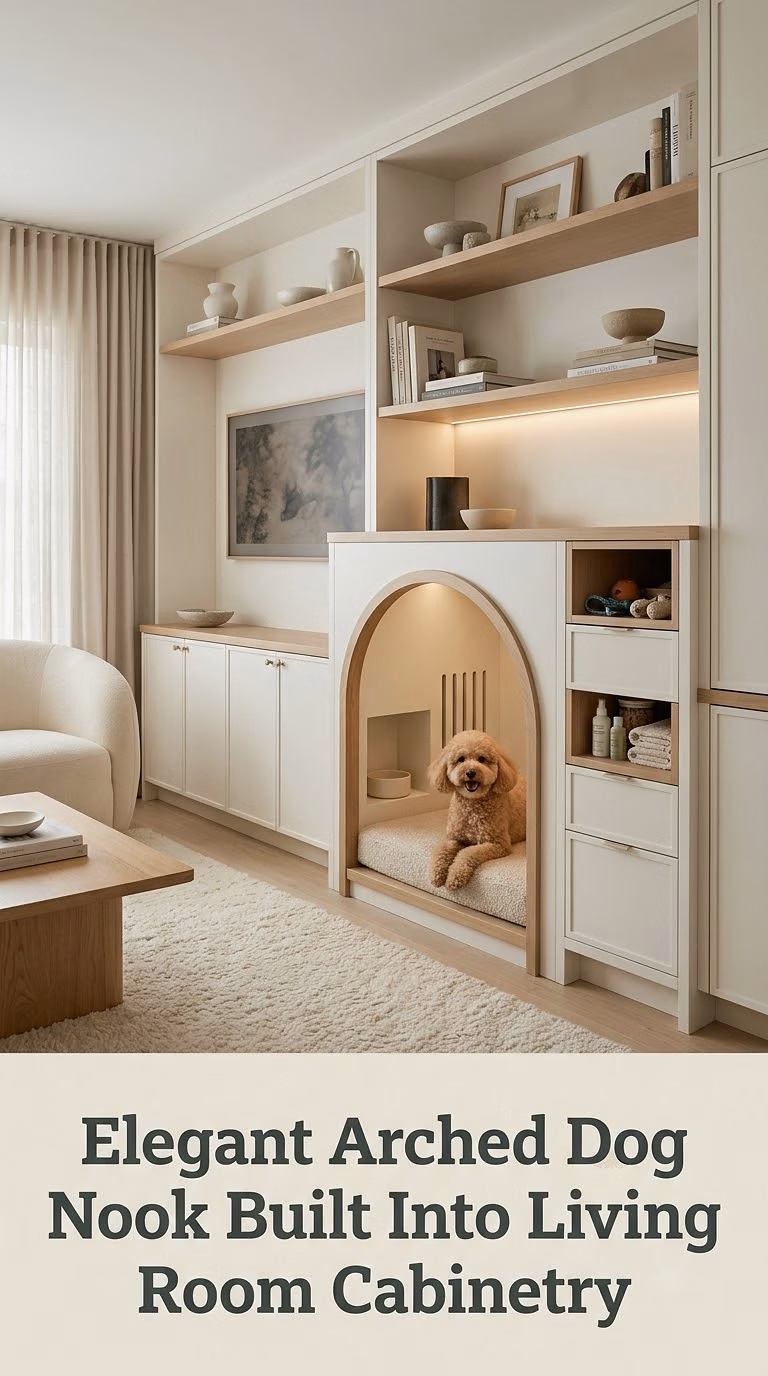 Elegant Arched Dog Nook Built Into Living Room Cabinetry