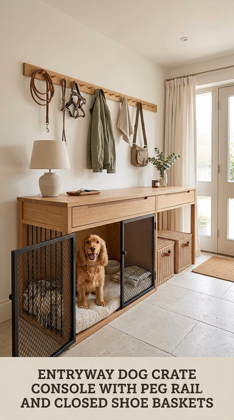 Entryway Dog Crate Console With Peg Rail and Closed Shoe Baskets