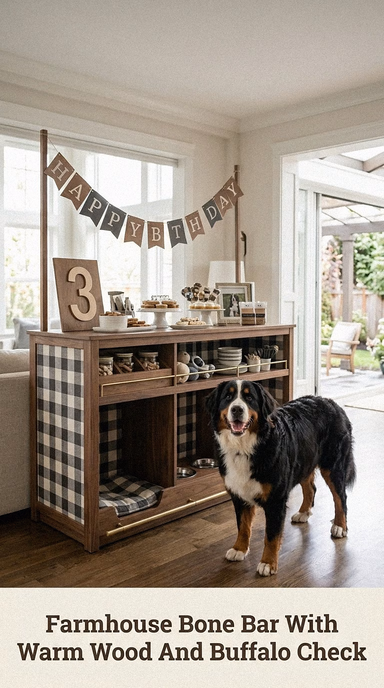 Farmhouse Bone Bar With Warm Wood And Buffalo Check