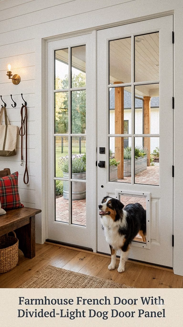 Farmhouse French Door With Divided-Light Dog Door Panel
