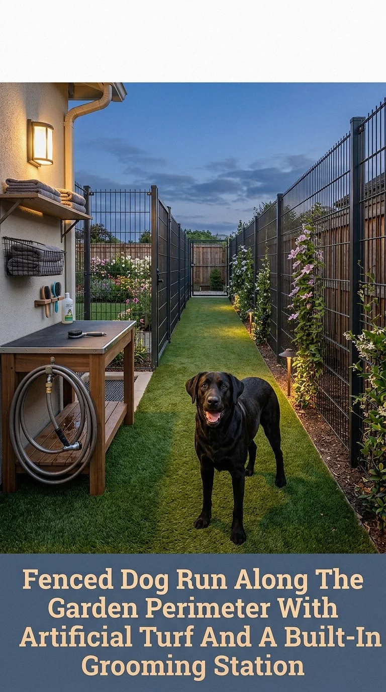 Fenced Dog Run Along The Garden Perimeter With Artificial Turf And A Built-In Grooming Station