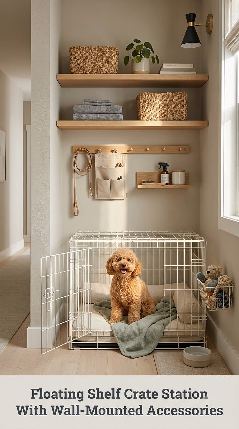 Floating Shelf Crate Station With Wall-Mounted Accessories