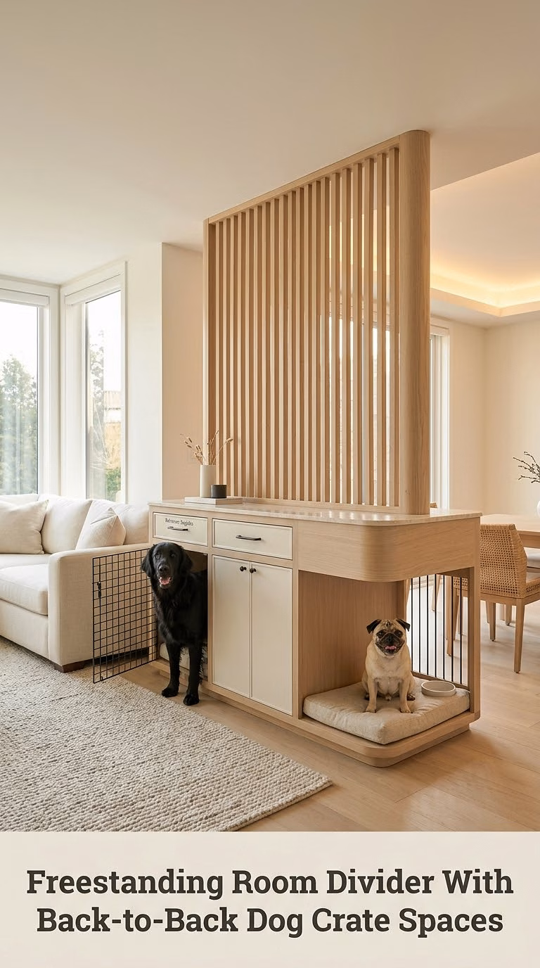 Freestanding Room Divider With Back-to-Back Dog Crate Spaces