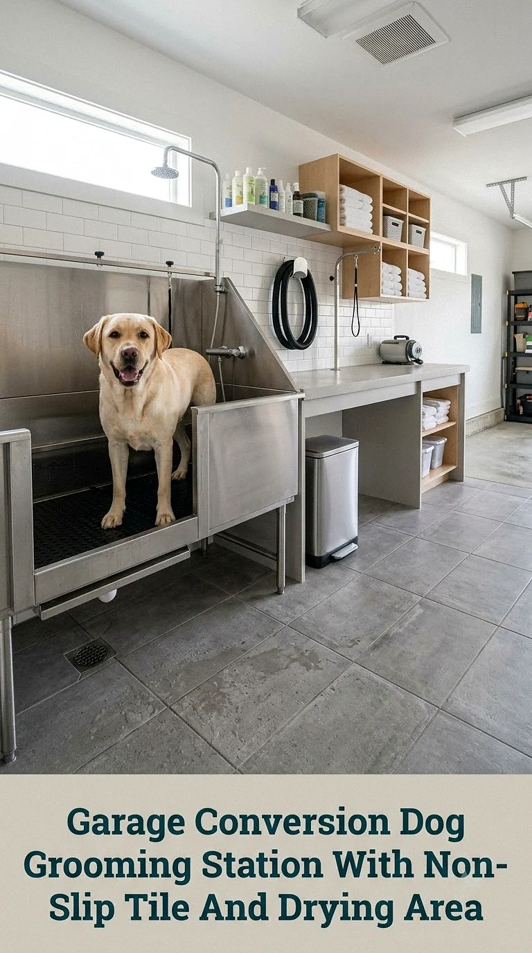 Garage Conversion Dog Grooming Station With Non-Slip Tile And Drying Area