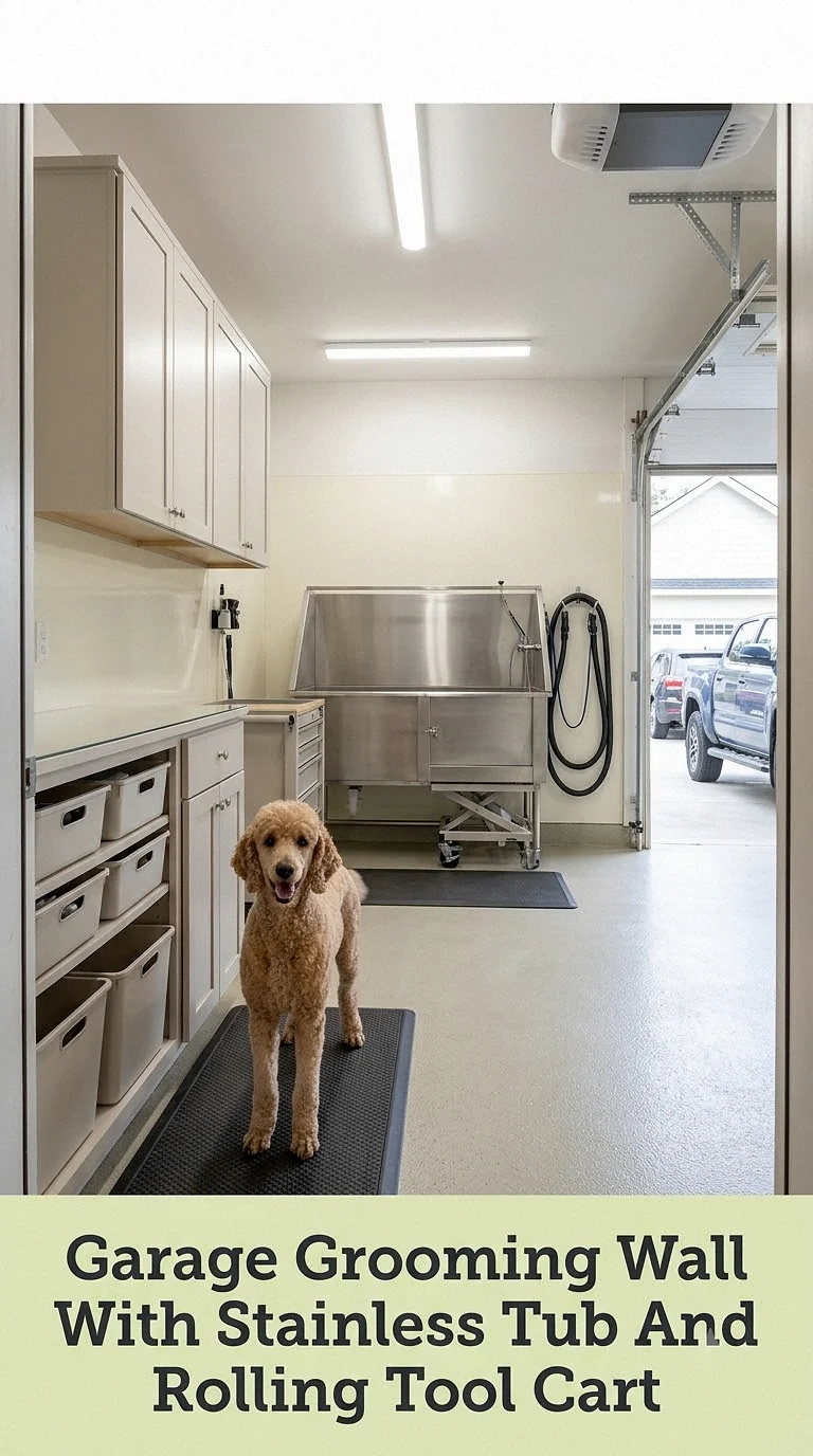 Garage Grooming Wall With Stainless Tub And Rolling Tool Cart