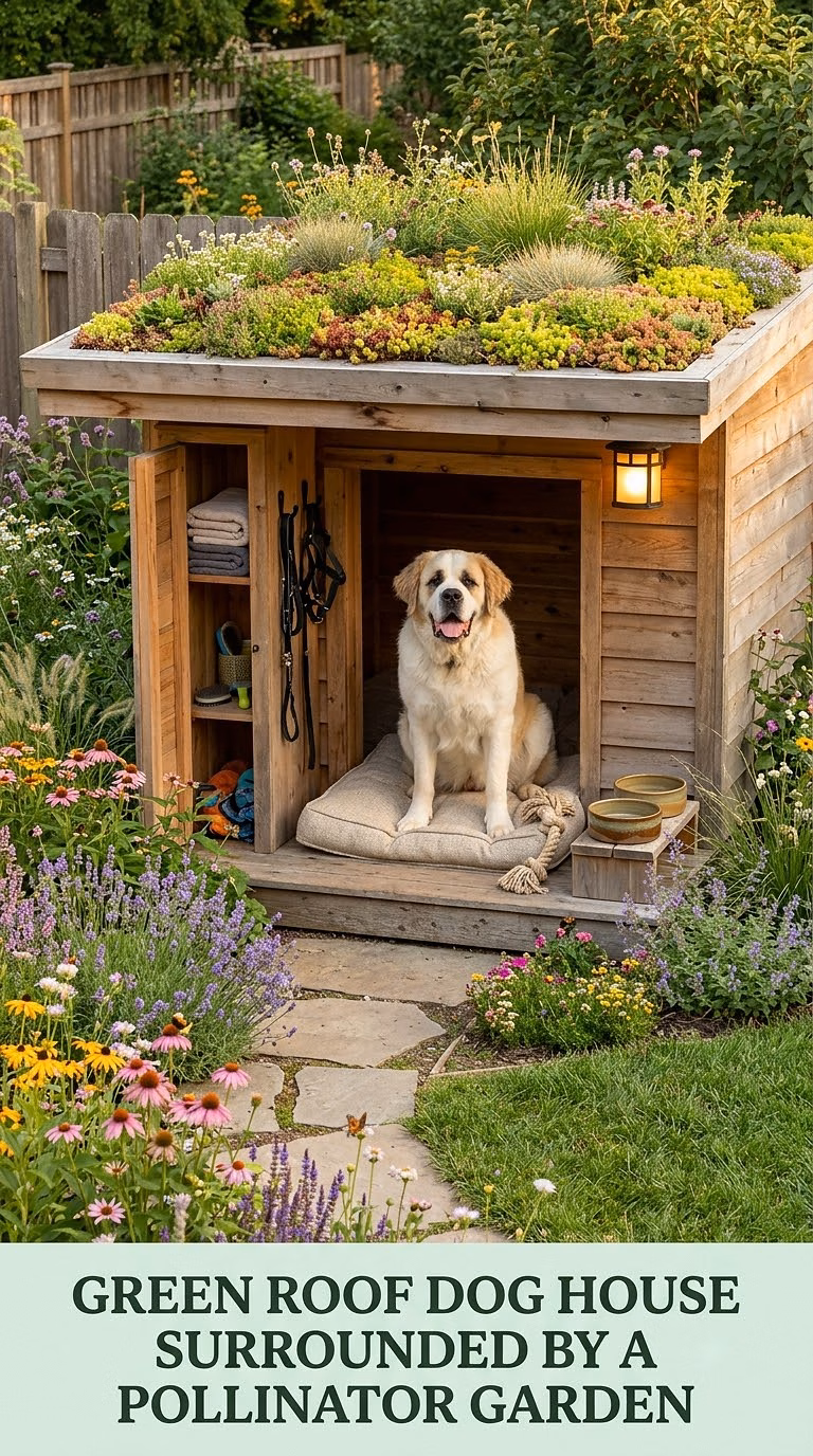 12. Green Roof Dog House Surrounded by a Pollinator Garden