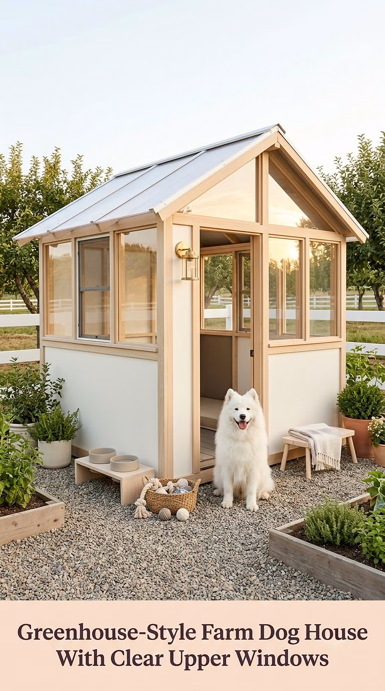 12. Greenhouse-Style Farm Dog House With Clear Upper Windows