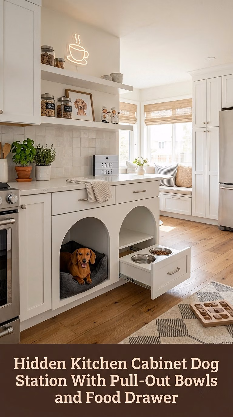 12. Hidden Kitchen Cabinet Dog Station With Pull-Out Bowls and Food Drawer
