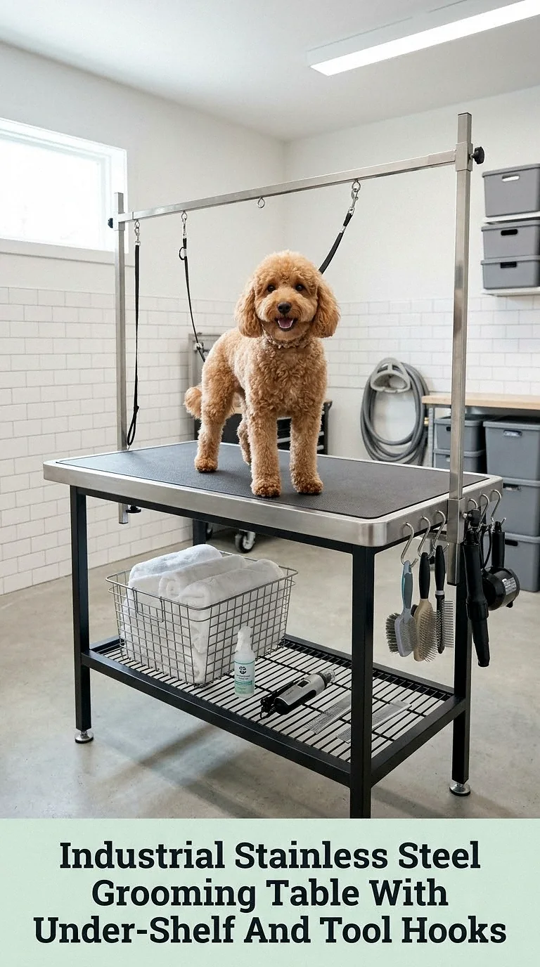Industrial Stainless Steel Grooming Table With Under-Shelf And Tool Hooks