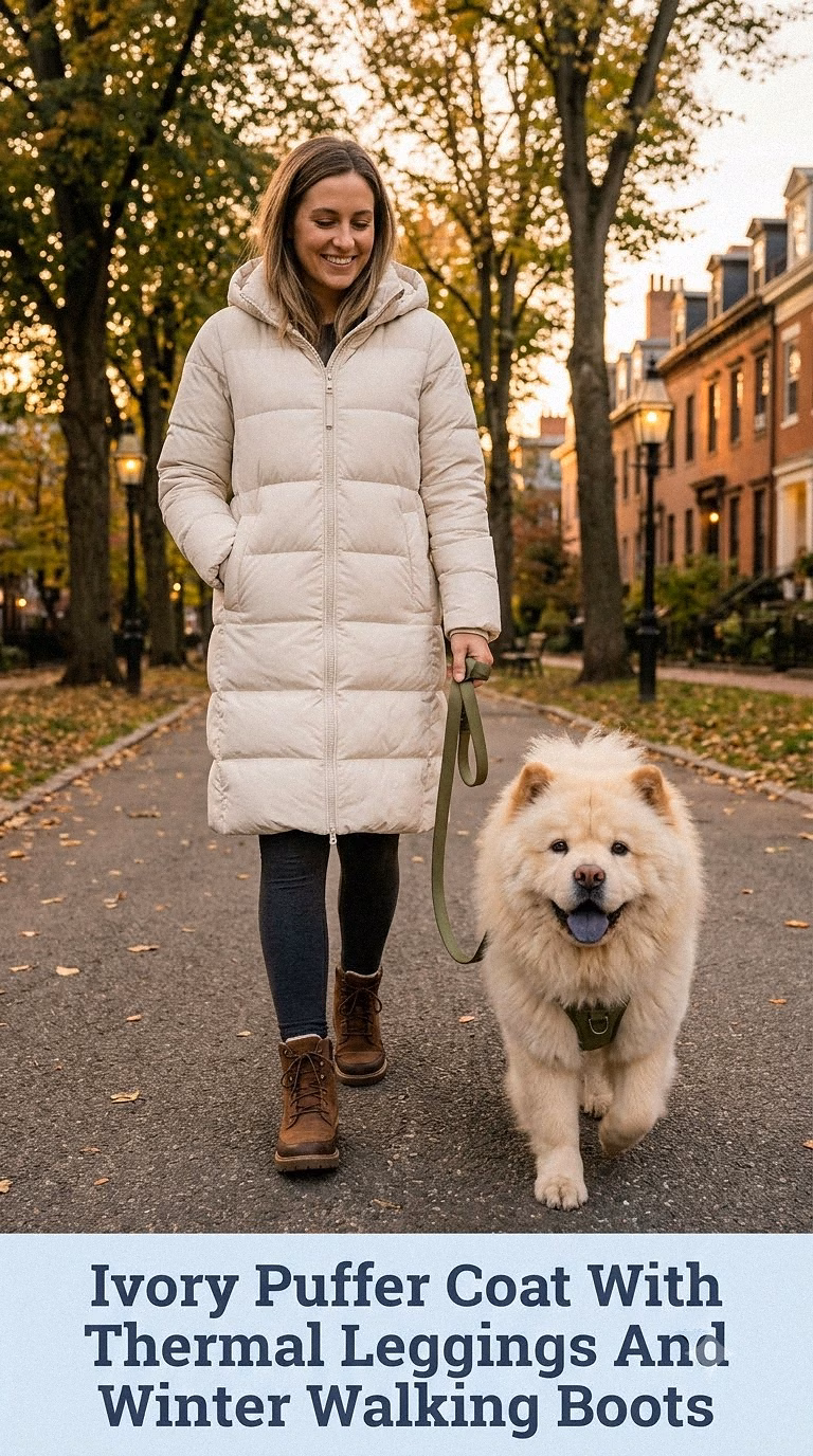 Ivory Puffer Coat With Thermal Leggings And Winter Walking Boots