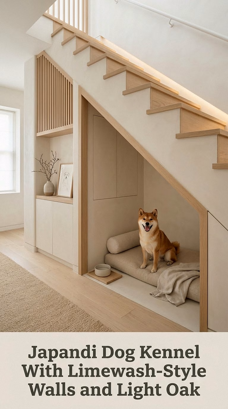 Japandi Dog Kennel With Limewash-Style Walls and Light Oak