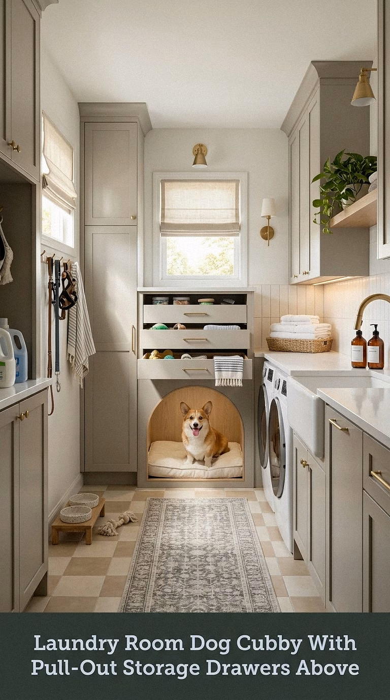 12. Laundry Room Dog Cubby With Pull-Out Storage Drawers Above