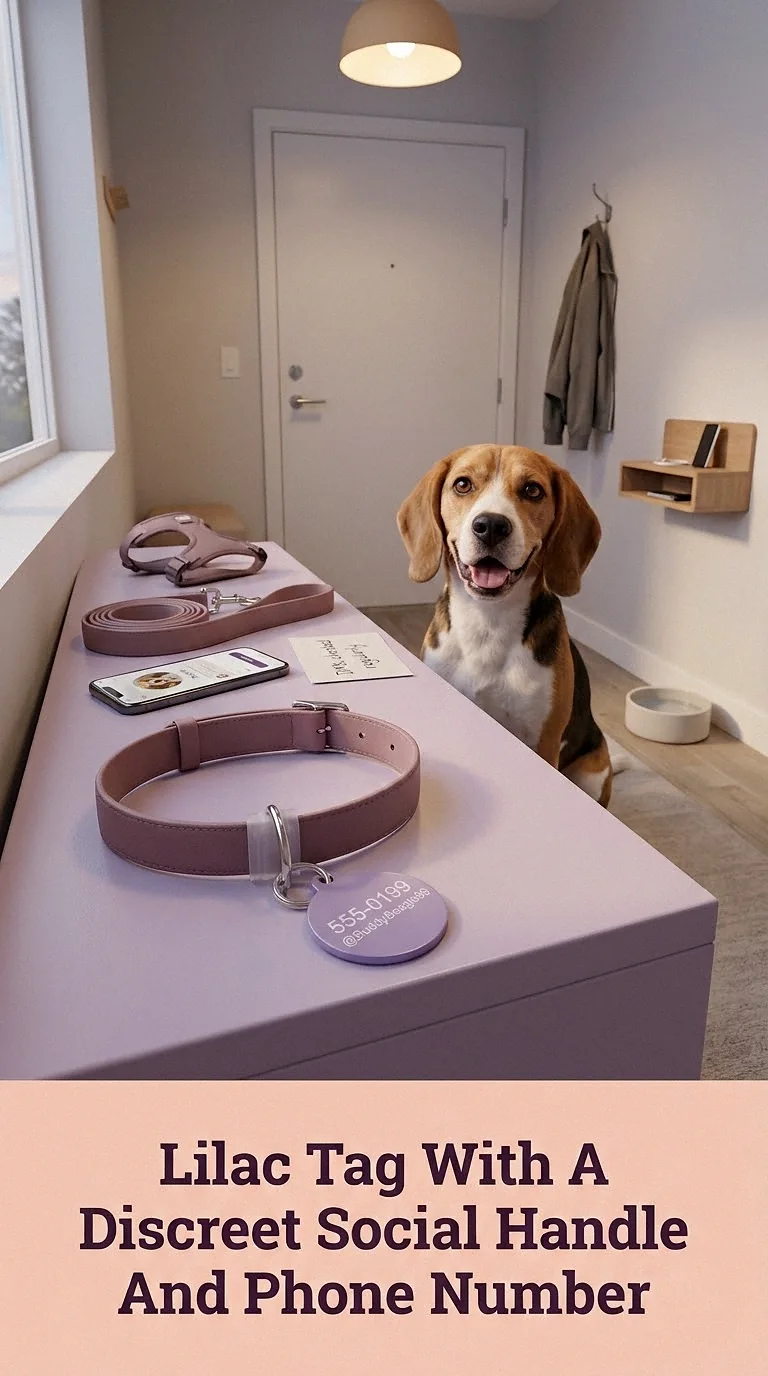 Lilac Tag With A Discreet Social Handle And Phone Number