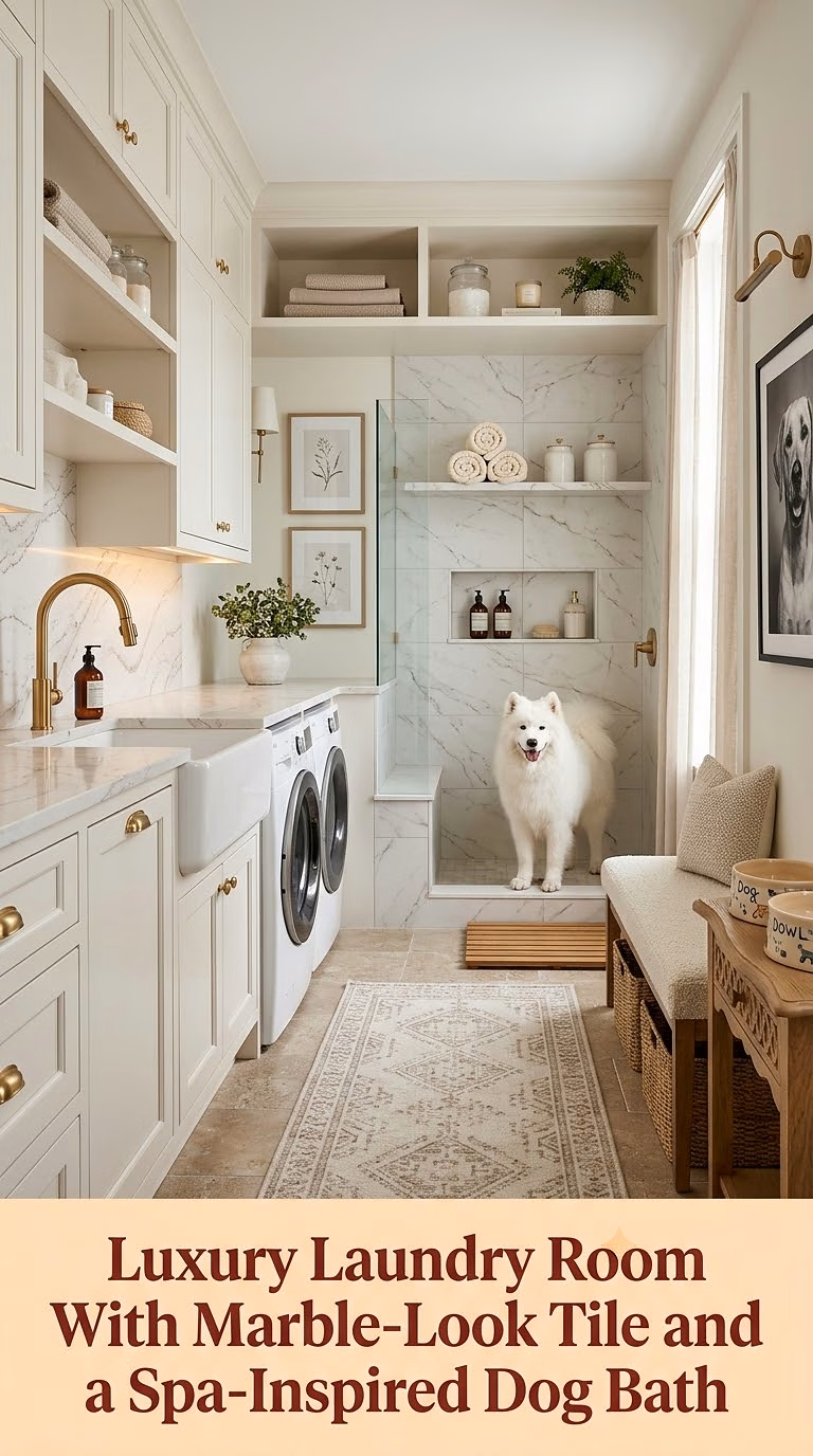 12. Luxury Laundry Room With Marble-Look Tile and a Spa-Inspired Dog Bath