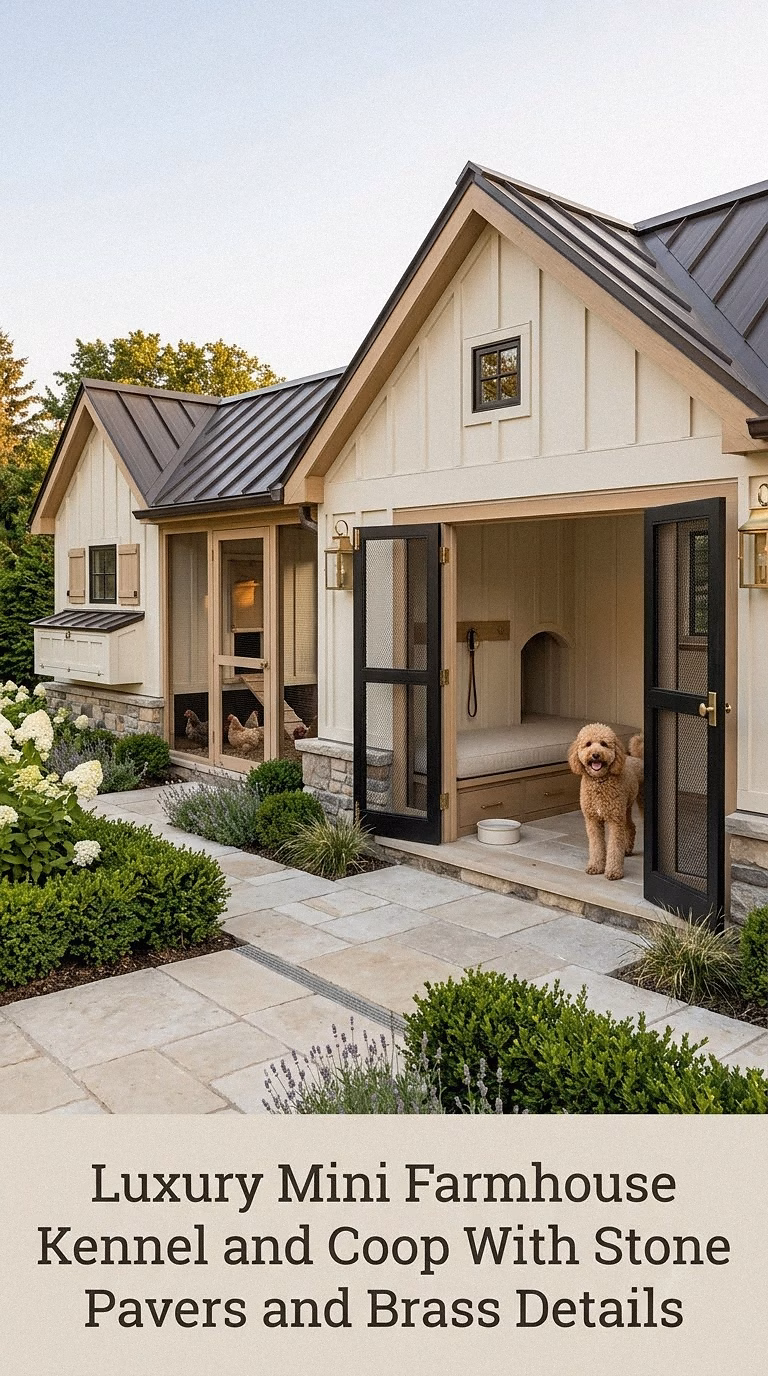 Luxury Mini Farmhouse Kennel and Coop With Stone Pavers and Brass Details