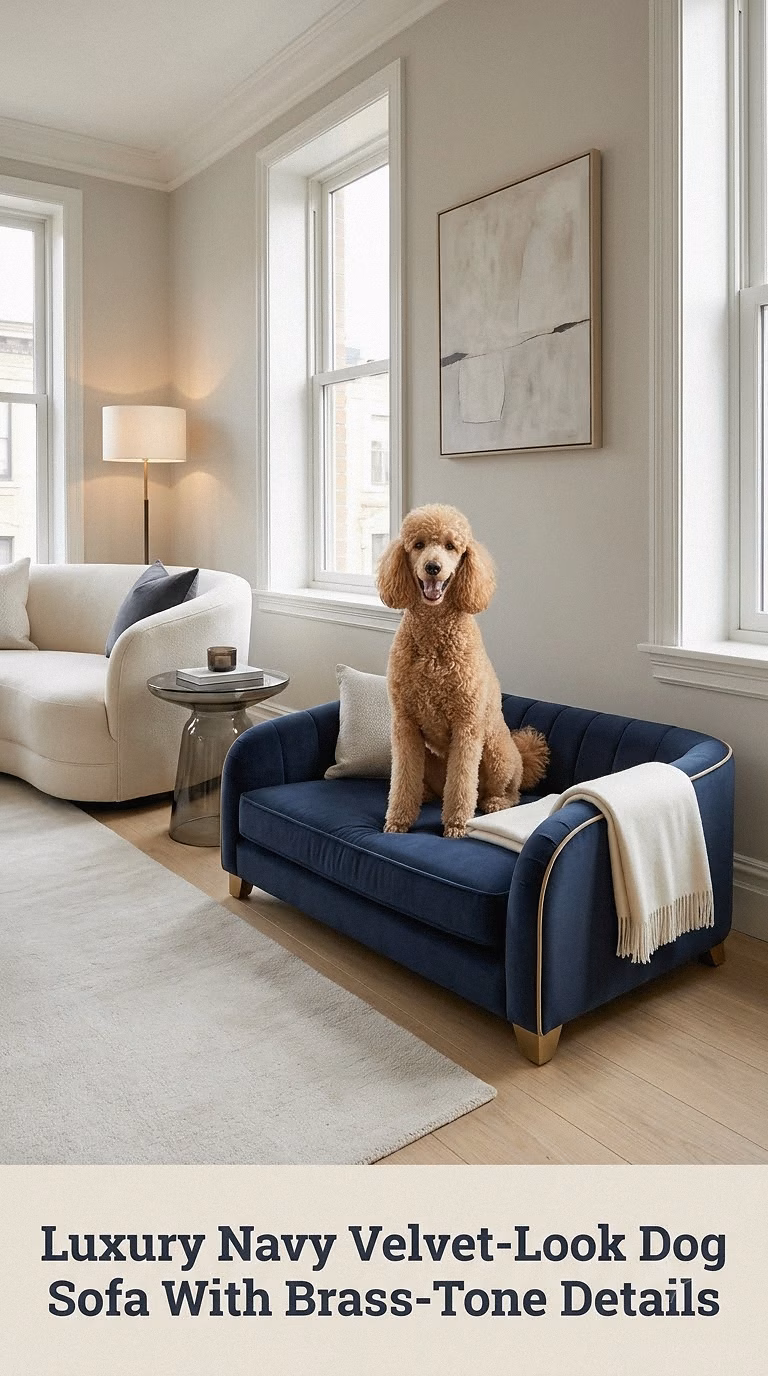 Luxury Navy Velvet-Look Dog Sofa With Brass-Tone Details