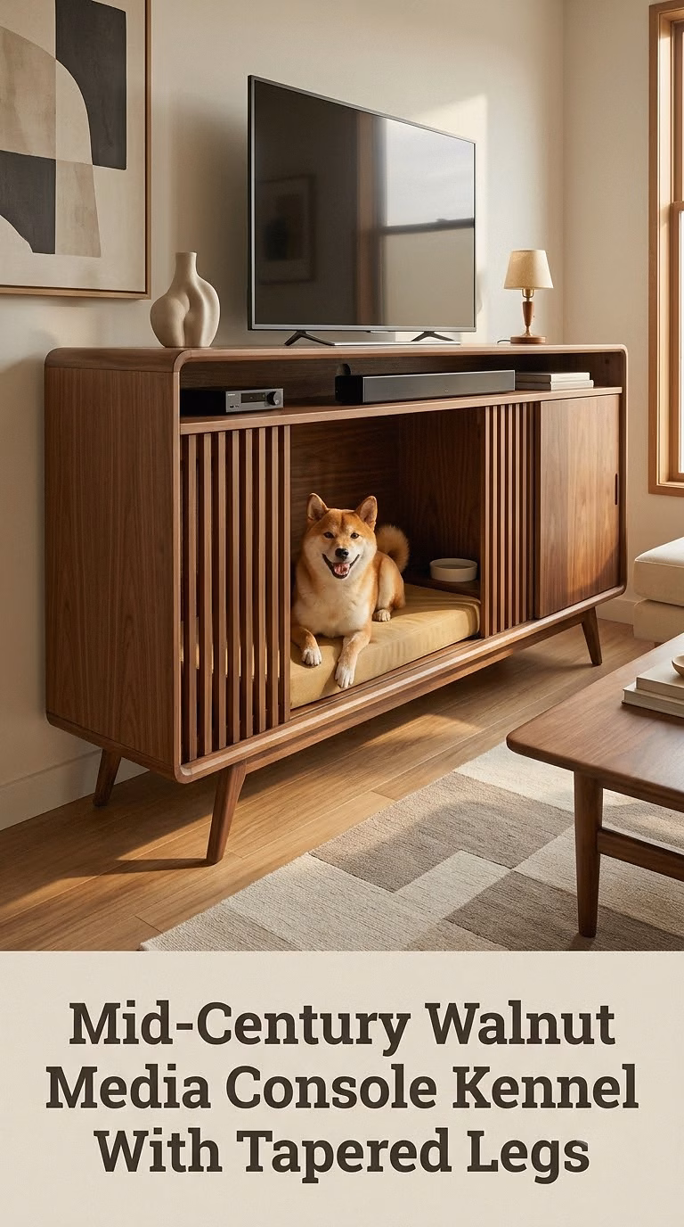 Mid-Century Walnut Media Console Kennel With Tapered Legs