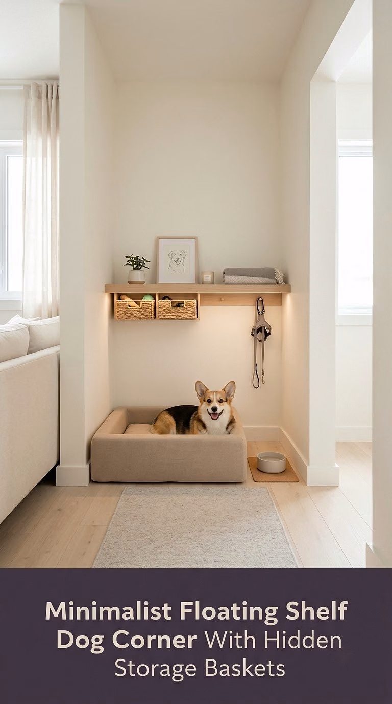12. Minimalist Floating Shelf Dog Corner With Hidden Storage Baskets