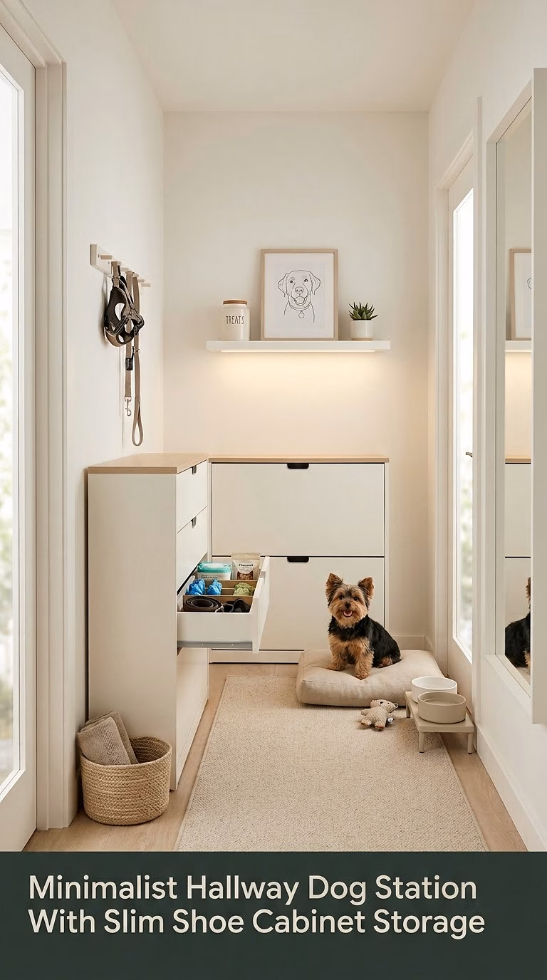 12. Minimalist Hallway Dog Station With Slim Shoe Cabinet Storage