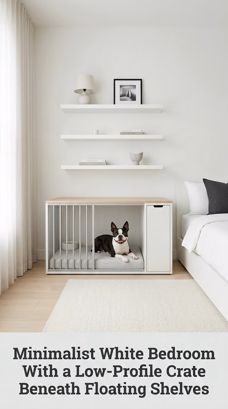 Minimalist White Bedroom With a Low-Profile Crate Beneath Floating Shelves