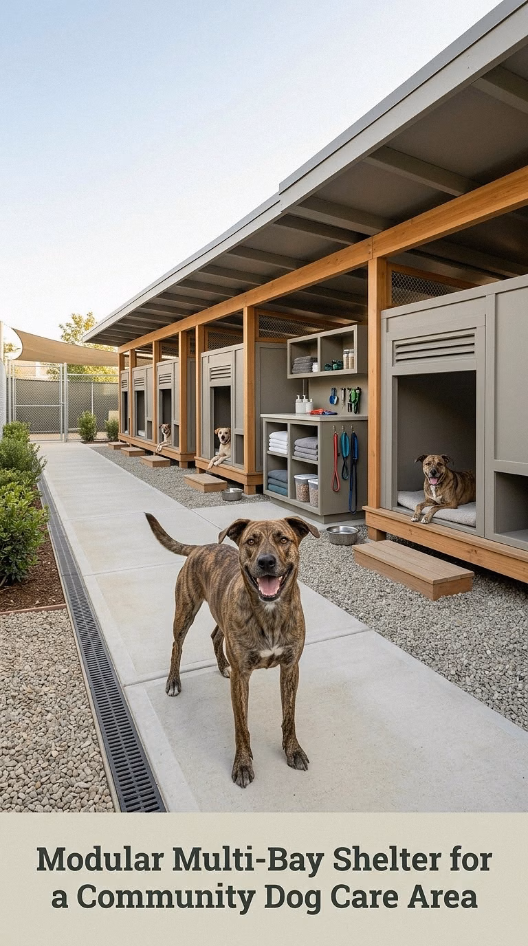 Modular Multi-Bay Shelter for a Community Dog Care Area