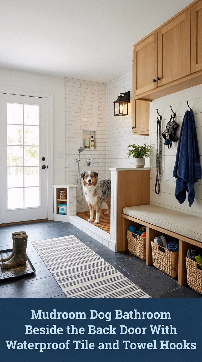 12. Mudroom Dog Bathroom Beside the Back Door With Waterproof Tile and Towel Hooks
