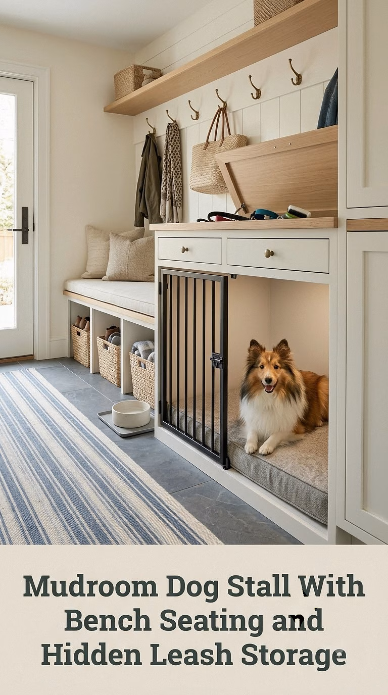 Mudroom Dog Stall With Bench Seating and Hidden Leash Storage