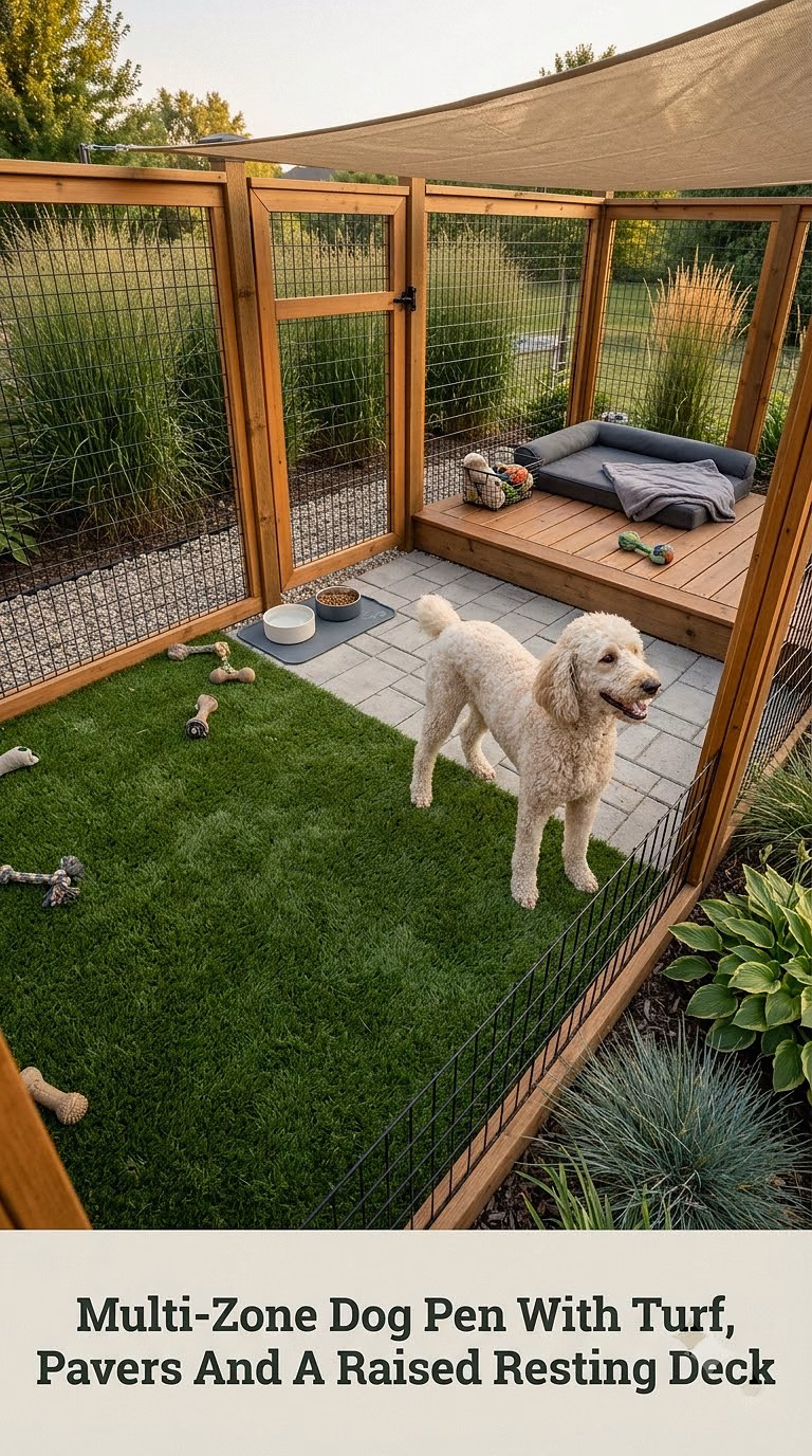 Multi-Zone Dog Pen With Turf, Pavers And A Raised Resting Deck